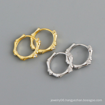 2021 NEW 925 Sterling Silver Fashion INS round bamboo shape rhinestone gold plated hoop earrings for women